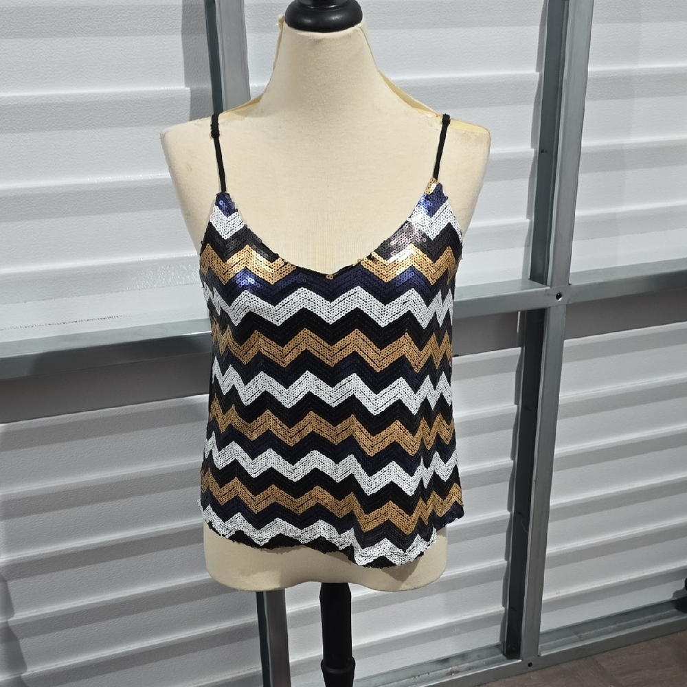 Material Girl Blue and Gold Graphic Sequin Camisole Tank Top Size Large